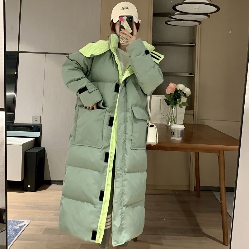 绿色羽绒棉衣棉服女2025冬季面包服宽松中长款过膝到脚踝加厚棉袄