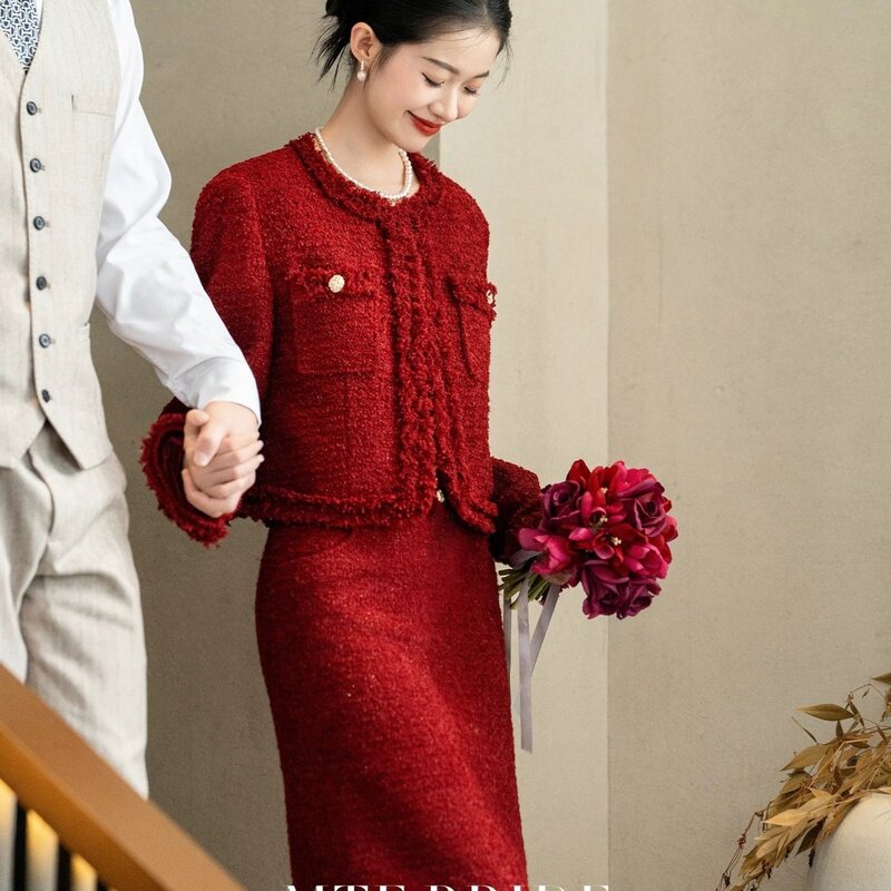 满庭芳小香风敬酒服秋冬外套红色订婚礼服汉服套装