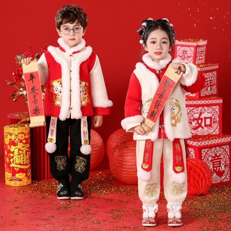 男童拜年服汉服女童中国风周岁唐装加绒加厚新年装儿童喜庆过年服