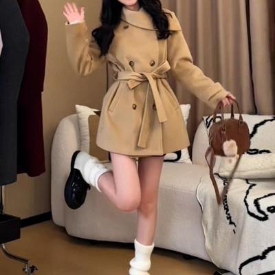 高级感小个子香风韩系正肩黑色羊毛外套女秋冬季2025新款加厚大衣