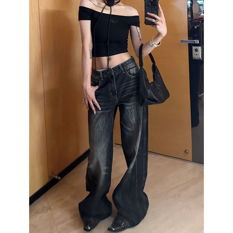 大码美式高街vibe黑色水洗牛仔裤女直筒宽松高腰显瘦阔腿拖地长裤