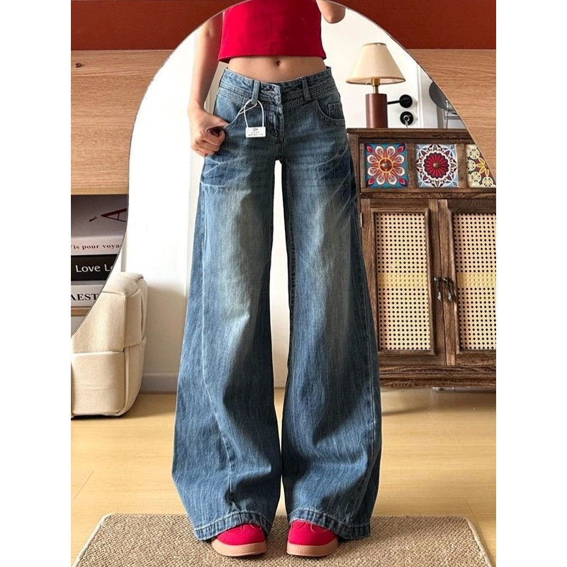 美式复古水洗阔腿牛仔裤女秋季新款低腰宽松显瘦不贴腿微喇拖地裤