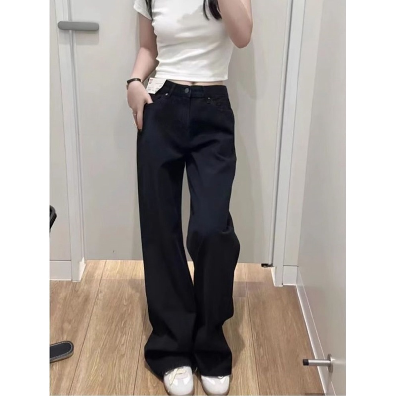 黑色不贴腿窄版阔腿牛仔裤女秋冬加绒新款高腰宽松显瘦直筒拖地裤