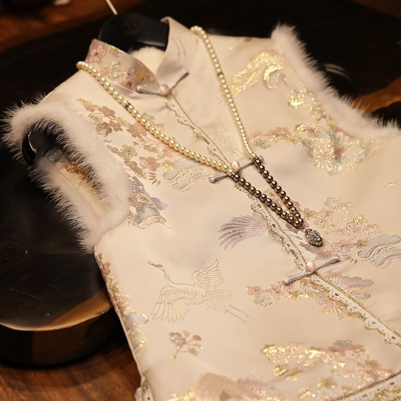 新中式旗袍马甲女秋冬唐装女装中国风背心加绒外搭过年新年拜年服