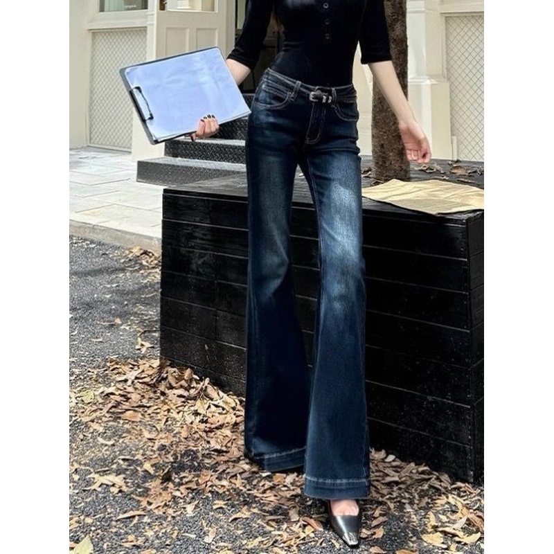 复古微喇牛仔裤女秋冬加绒加厚中低腰显瘦175高个子不贴腿拖地裤