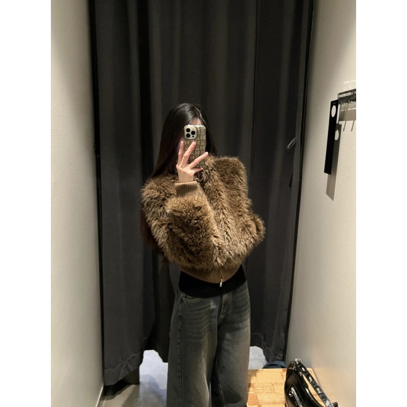 美式简约立领拉链皮草外套女毛毛外套冬季慵懒美拉德加厚保暖上衣