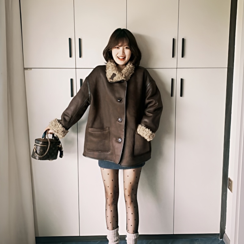2024冬拉德双面复古两面羊羔外套女皮衣机车皮毛一体宽松保暖大衣