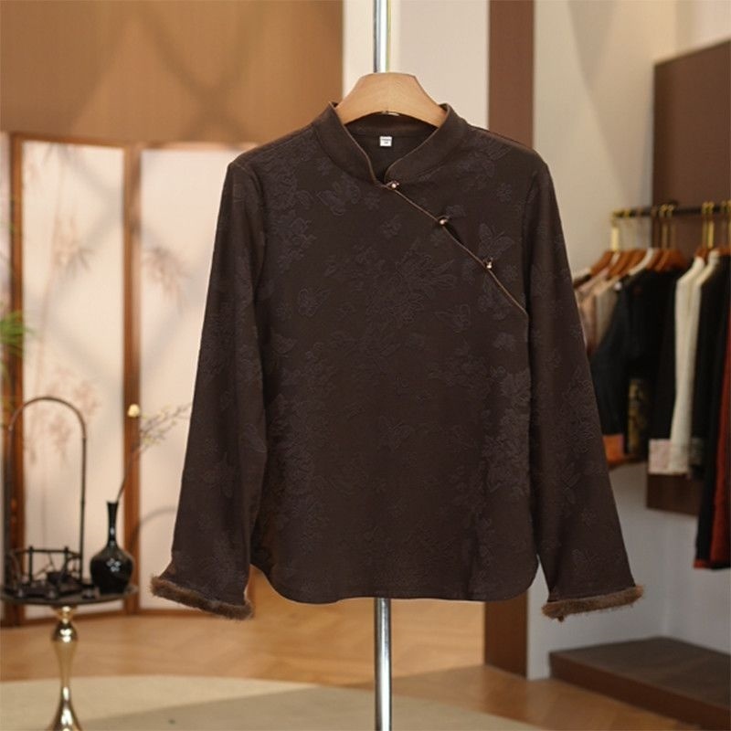 新中式国风立领打底衫女装加绒秋冬内搭2025新款秋冬长袖t恤上衣