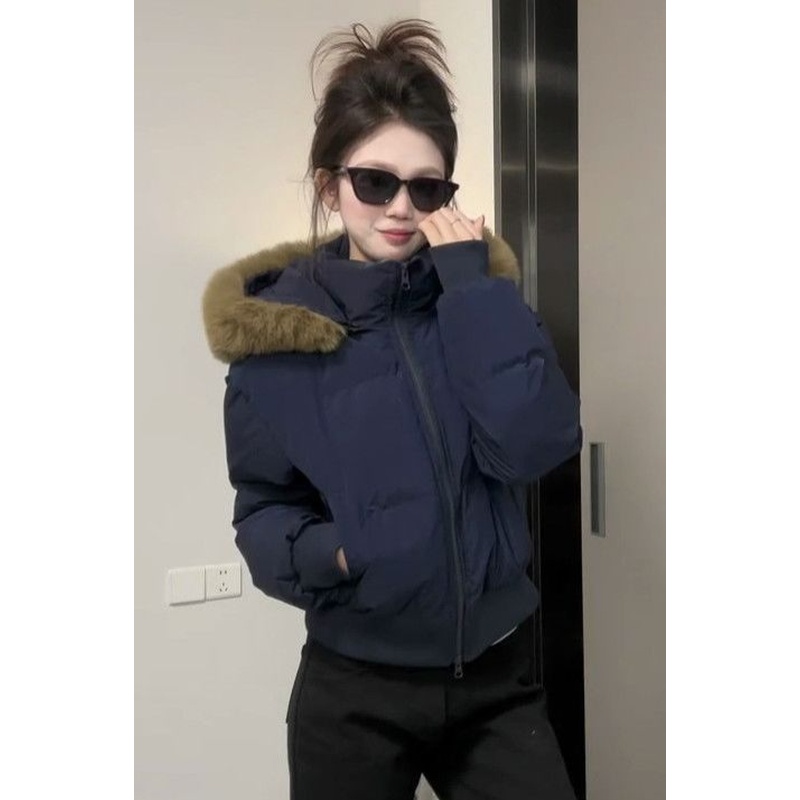 冬季新款美式复古藏青色连帽棉服外套女加厚保暖藏青色设计感棉衣