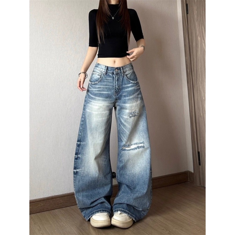 大码美式复古水洗做旧补丁弯刀牛仔裤女秋季宽松休闲阔腿拖地长裤