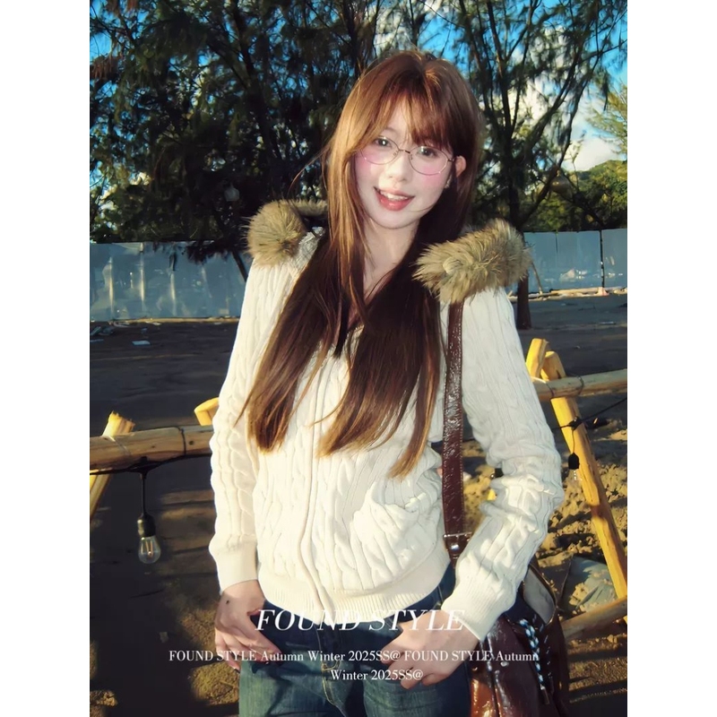 复古连帽毛衣外套女秋冬新款不拆卸毛领麻花针织开衫修身显瘦上衣