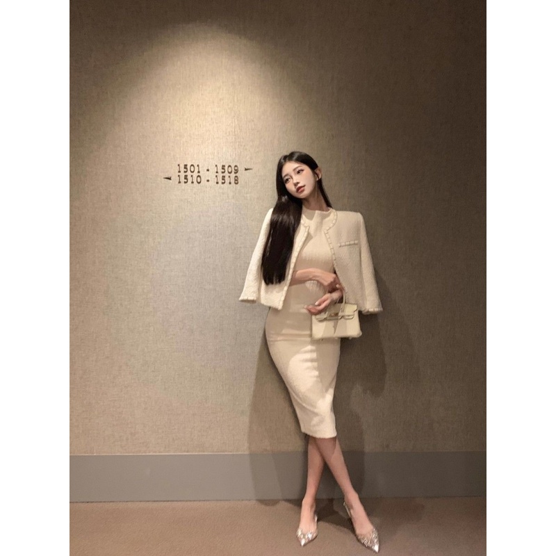 法式名媛气质套装女秋季小香风长袖外套短款上衣高级感包臀连衣裙