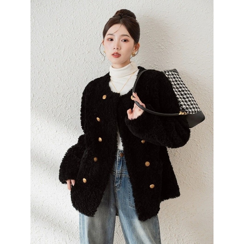 中长款非皮毛一体小香风秋冬海宁新款双排扣仿兔毛大衣皮草外套女