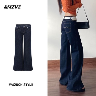 低腰牛仔裤女秋季刺绣微喇原牛色宽松阔腿显瘦不贴腿拖地喇叭裤子