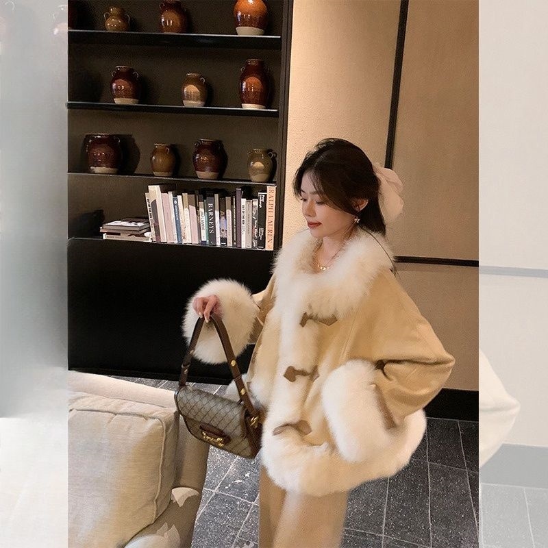 爱迷鹿新中式棉绒服环保狐狸毛麂皮毛领秋冬季爆款网红外套女保暖