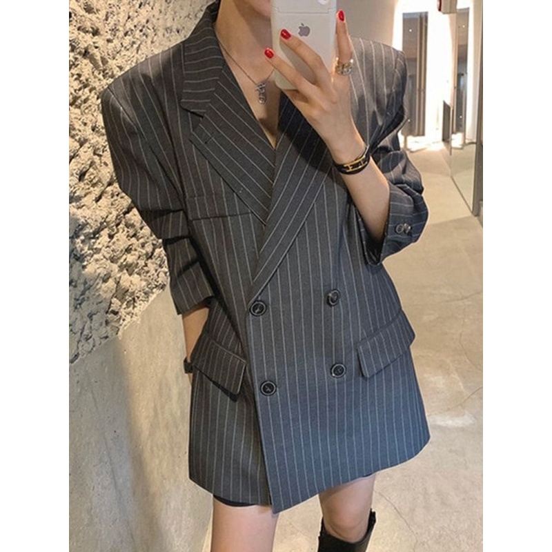条纹西装外套女修身通勤2025春秋新款韩版chic气质双排扣西服上衣