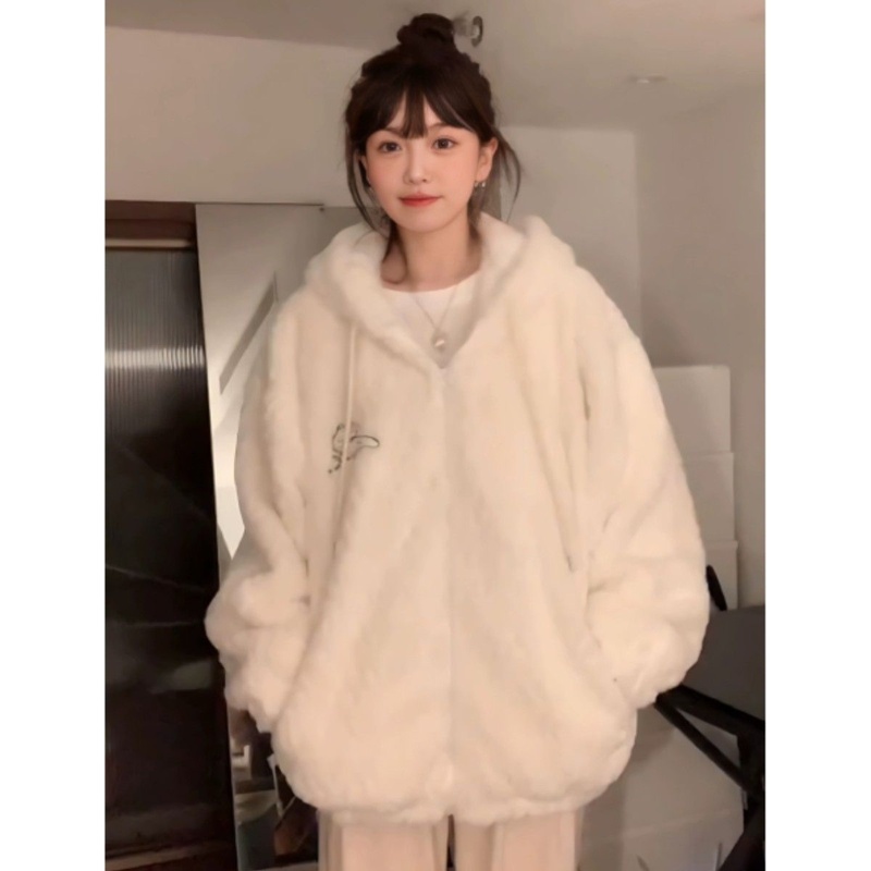 兔耳朵连帽外套女冬季新款百搭宽松甜美慵懒风软糯羊羔毛绒绒加厚
