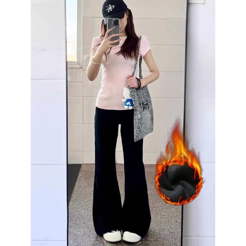 加绒黑色不贴腿微喇叭牛仔裤女2025秋冬新款高腰显瘦阔腿拖地裤子