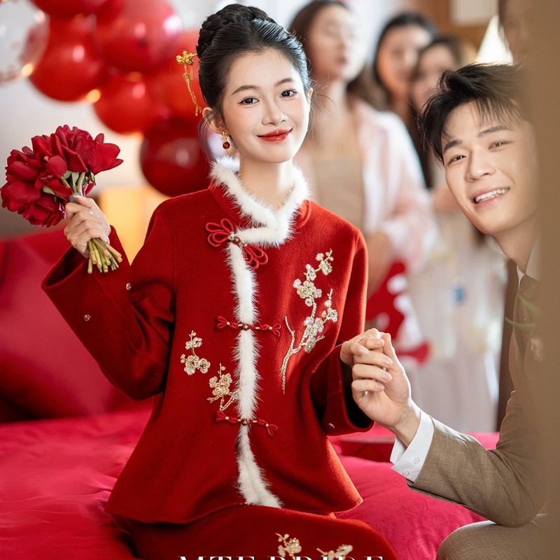 满庭芳新中式毛呢套装新娘秋冬新款红色敬酒服订婚礼服