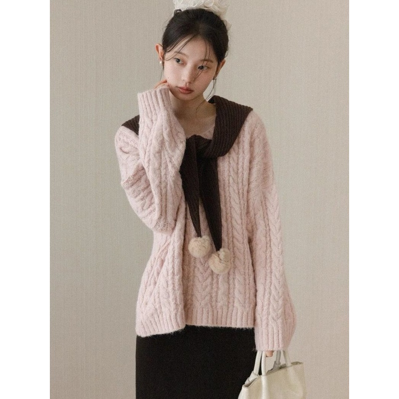 2026新款少女风粉色麻花圆领长袖毛衣女秋冬显瘦减龄百搭保暖上衣