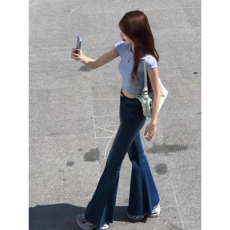 气质辣妹低腰提臀微喇牛仔裤女小个子修身显瘦小众毛边鱼尾拖地裤