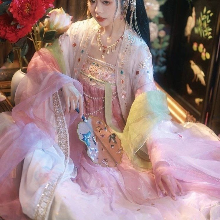 唐制汉服女学生小公主一片式齐胸襦裙双大袖绣花日常超仙成人古装