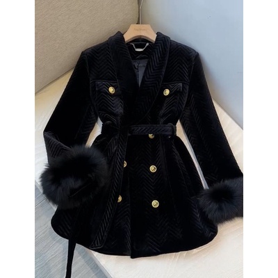 黑色收腰丝绒中长款洋气独特超好看大衣外套女冬新款夹棉风衣外套