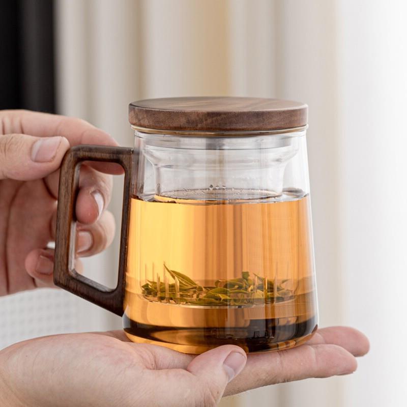 金镶玉 玻璃茶杯 高硼硅耐冷耐热带过滤马克杯 分层木把玻璃杯