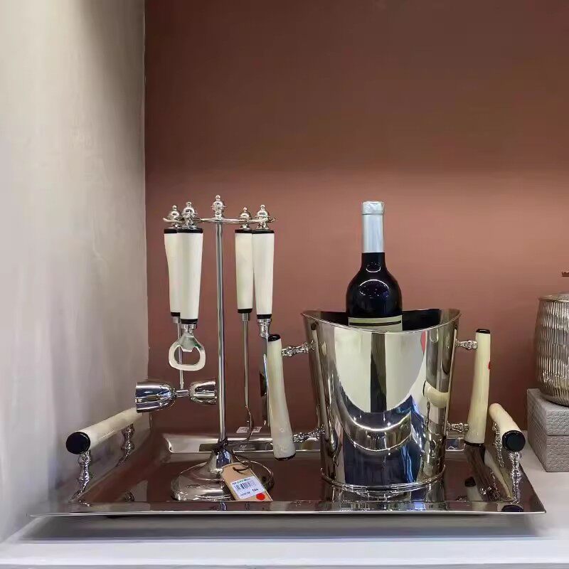 印度进口米色牛骨把柄酒具套装开瓶器冰铲组合摆件冰桶托盘装饰品