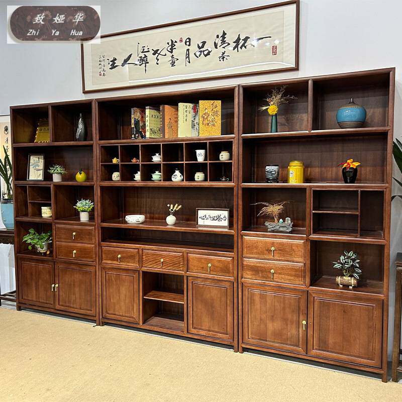 客厅置物架摆件收纳柜茶室家具新中式博古架实木书柜梨花木展示柜