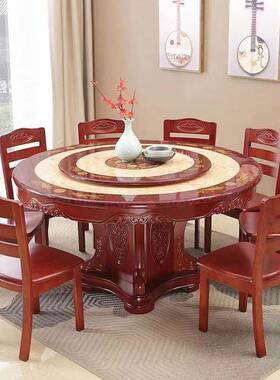 大理石餐桌家用实圆桌全套带转盘饭桌中式档圆型雕花桌AGM餐组高