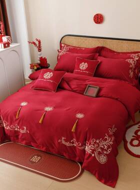 简约中0式婚庆件AGQ套10S长绒棉红色四喜婚字刺绣结被套床单Jω