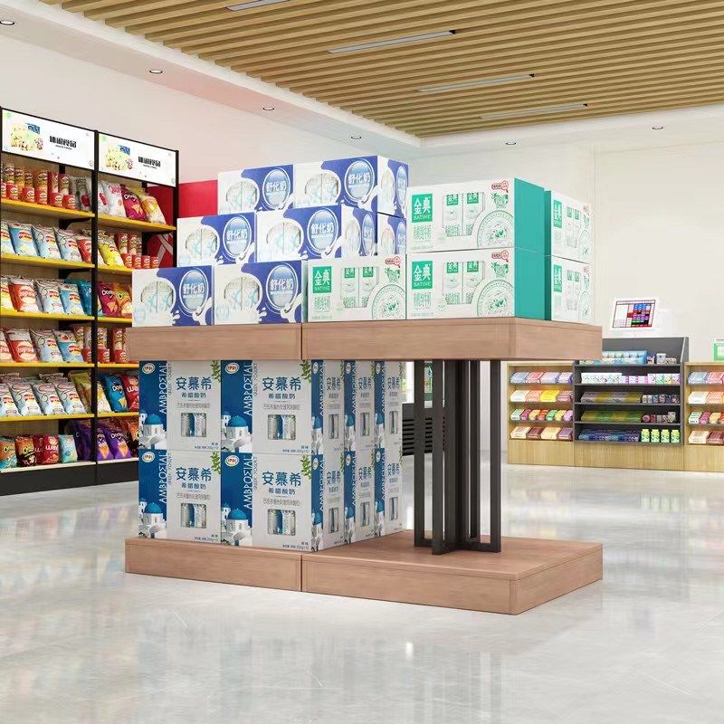 超市钢木牛奶堆头饮料展示架洗化陈列促销台商场粮油工字奶堆架子