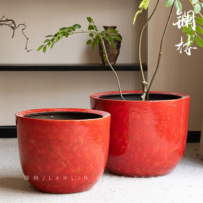 景德镇红色陶瓷花盆家用大号侘寂垂丝茉莉高款龟背竹花器银朱花盆