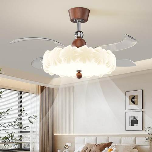 法式奶油风卧室隐形风扇灯现代简约主卧书房护眼梅花电扇吸顶灯具