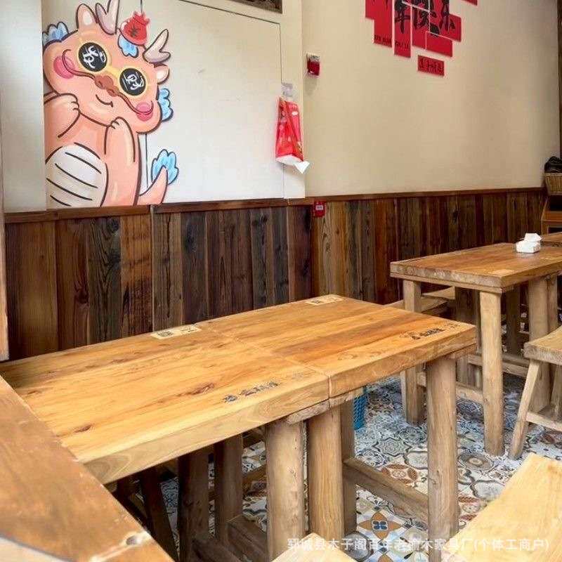 老榆木餐桌漫咖啡桌椅正方形四方桌子复古榆木桌子实木小方桌