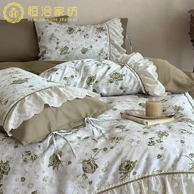 复古法式全棉超柔四件套高端玫瑰数码印花被套纯棉床上用品绿色
