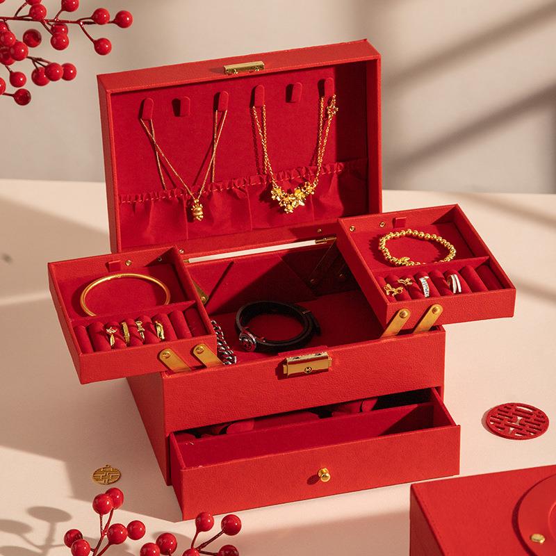 新款结婚三金五金多功能首饰盒黄金收纳盒彩礼钱盒子婚庆用品大全