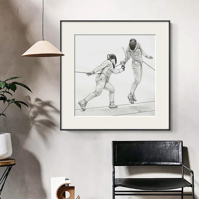 击剑运动现代黑白简笔画双联书房装饰画小众客厅挂画个性卡纸壁画