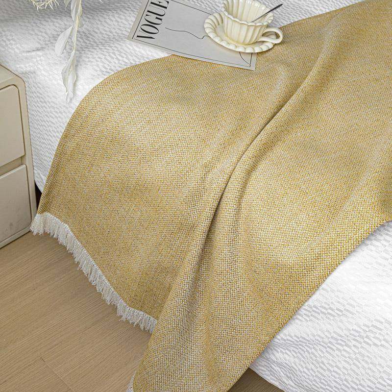 简约芥黄色亚麻混纺流苏搭毯高端民宿度假酒店样板房间搭巾床尾巾,电子元器件市场,其它元器件,淘宝优惠券,粉丝福利购,淘宝优惠卷