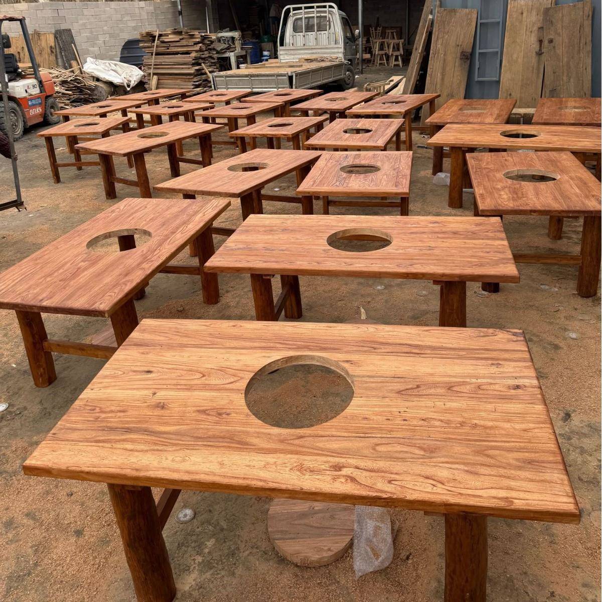 老榆木茶桌围炉桌阳台煮茶桌商用茶几烧烤桌火锅桌实木家用方桌