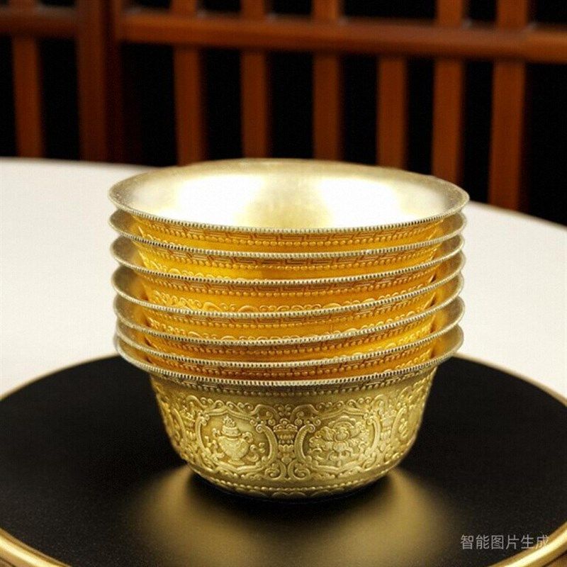 藏密坊 慧宝供水碗小号黄铜八吉祥杯敬水八供杯精品佛堂桌面摆件