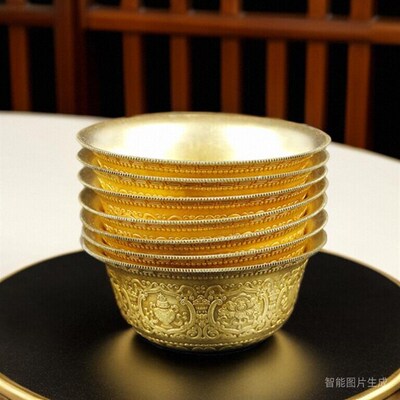 藏密坊 慧宝供水碗小号黄铜八吉祥杯敬水八供杯精品佛堂桌面摆件