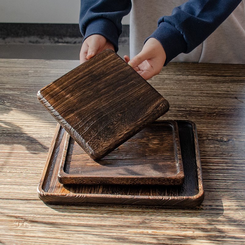 中式实木托盘家用复古茶盘干泡台木质点心盘侘寂风餐具正方形盘子