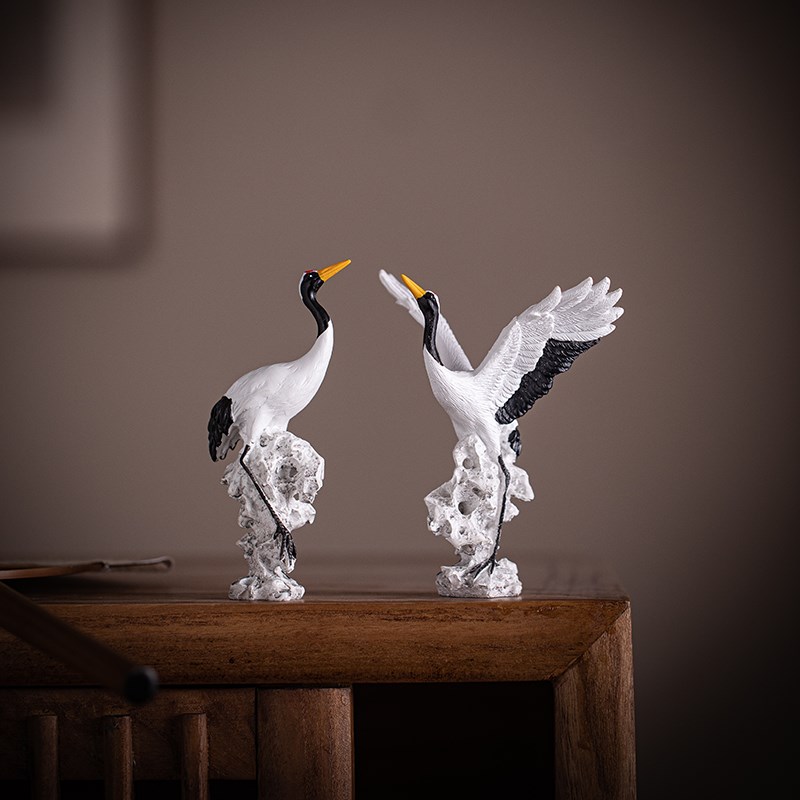 创意仙鹤送福摆件流水微景观假山盆栽鱼缸造景仿真小白鹤桌面装饰