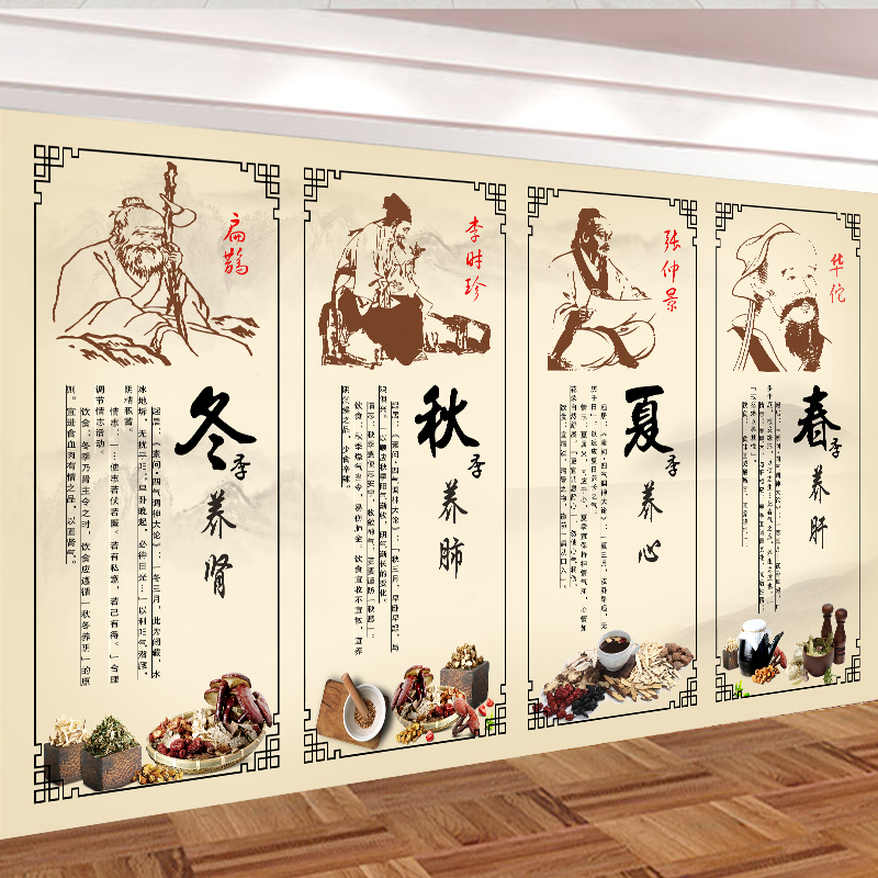 中医养生馆背景装饰画春夏秋冬四季养生图门诊美容院壁画定制墙纸