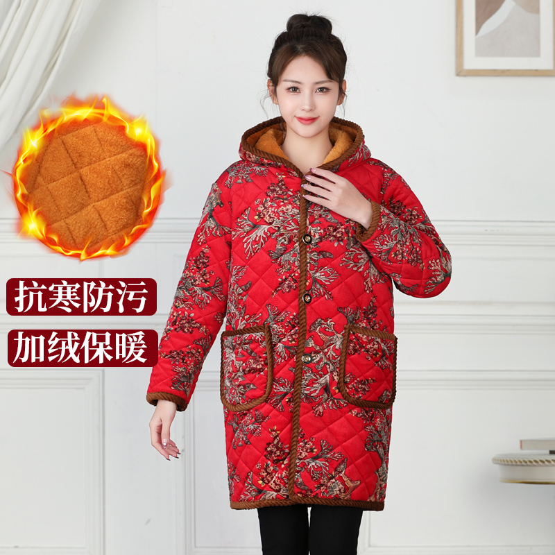 冬季加绒罩衣大人外套女上衣工作服保暖棉袄妈妈加厚长袖围裙护衣