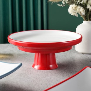 高脚盘子密胺创意展示盘碟商用酒店果盘自助餐摆盘彷瓷红色凉菜盘