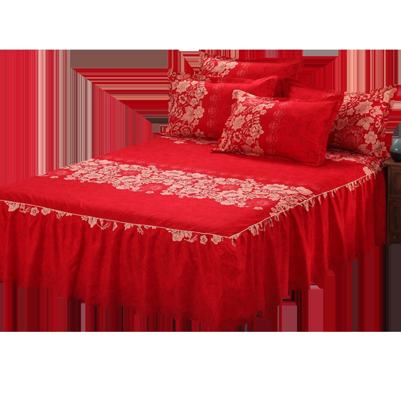 结婚庆大红色床裙三件单件磨毛床罩款防滑床单床1.5m1.8m2米
