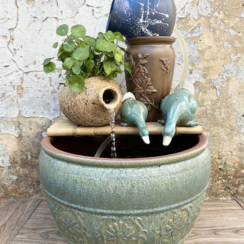 大口径鼓钉缸古法养鱼落地流水景观古典陶瓷无孔水培荷花睡莲花盆